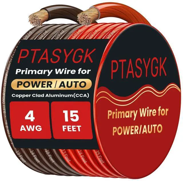 Main image of PTASYGK 4 Gauge Wire 15ft Red Black CCA Automotive Battery Power Cable Low Voltage Primary Wire for Car Audio, Solar & Generator - Flexible PVC Jacket