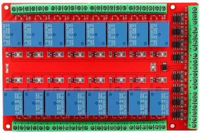 Main image of 16 Channel Relay Board, High Low Level DC 5V Two Way Isolated Optocoupler Interface Module,AC 250V 10A,DC 30V/10A,User Friendly Interface, Power Reverse Connection