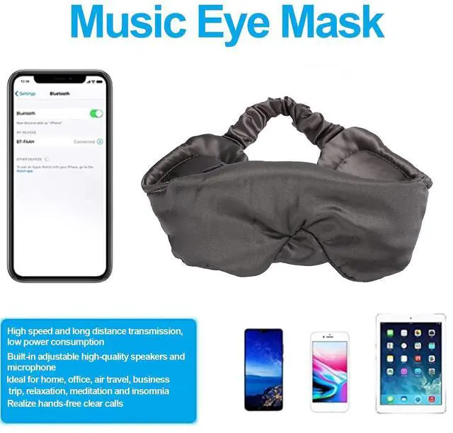 Alt view image 3 of 5 - Bluetooth 5.0 Sleep Mask Headphones, 3D Contoured Music and Soft Silk Sleeping Eye Cover Support Hand-Free Calling, Rechargeable & Washable (Grey)