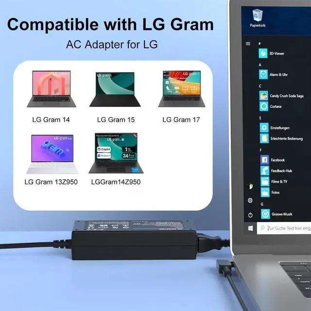 Alt view image 2 of 5 - 65W Round Tip Travel Charger Replacement for LG Gram 17 15 14 13.3 Laptop Model 13Z970 13Z975 13Z980 14Z970 14Z980 14Z960 15Z975 15Z980 15Z970 17Z995 17Z990 Adapter Power Cord