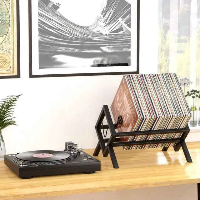 Alt view image 3 of 5 - EKNITEY Vinyl Record Storage Holder - Metal Record Stand 80-100 LP Storage Vinyl Organizer for Albums Audio Easy to Assemble Black