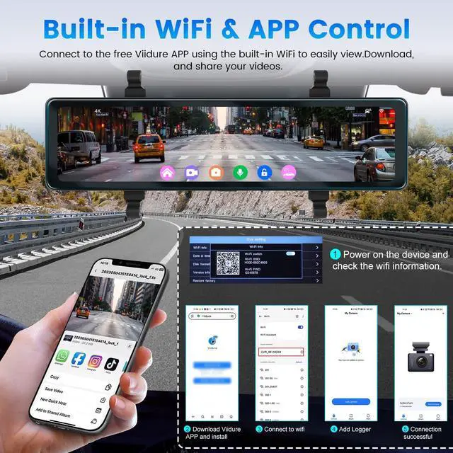Alt view image 3 of 5 - NHOPEEW 4K HD Rear View Mirror Camera with WiFi & APP Control - 11.26 Inch Touchscreen Mirror Dash Cam Front and Rear - GPS/Night Vision/Loop Recording/G-Sensor/ADAS/BSD/LCA + Backup Camera