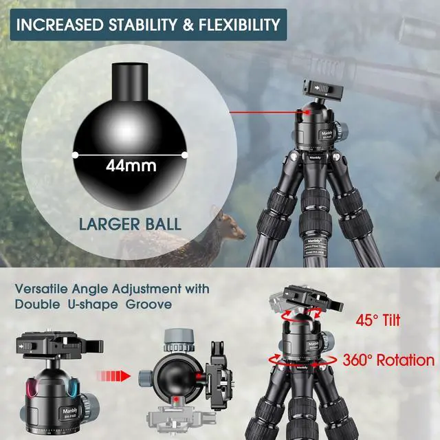 Alt view image 3 of 5 - Manbily Carbon Fiber Hunting Tripod with 44mm Ball Head and Arca Swiss & Picatinny Adapters, 63" Heavy Duty Stable Inverted Tripod for Hunting, Shooting, and Outdoors (WZ-2836)
