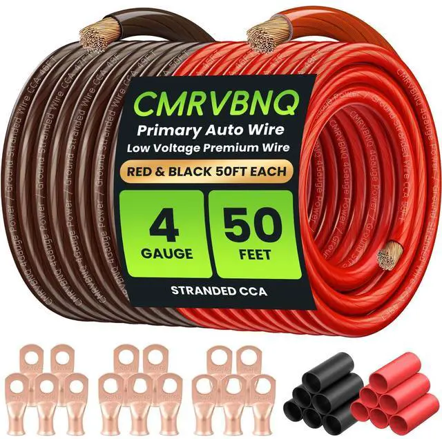 Main image of CMRVBNQ 4 Gauge Battery Cable CCA Wire Kit, 50FT Each Red Black with Terminals Heat Shrink Tubes Low Voltage Primary Automotive Power Ground Cable for Car Audio Amp Subwoofer RV Wiring