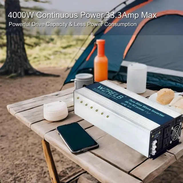 Alt view image 2 of 5 - WZRELB 4000W Pure Sine Wave Inverter, Car Power Inverter 60V DC to 110V 120V AC Converter for RV, Truck, Solar, Outdoor with Dual AC Outlets, Hardwire Port, Surge 8000W, LED Display,Off-Grid