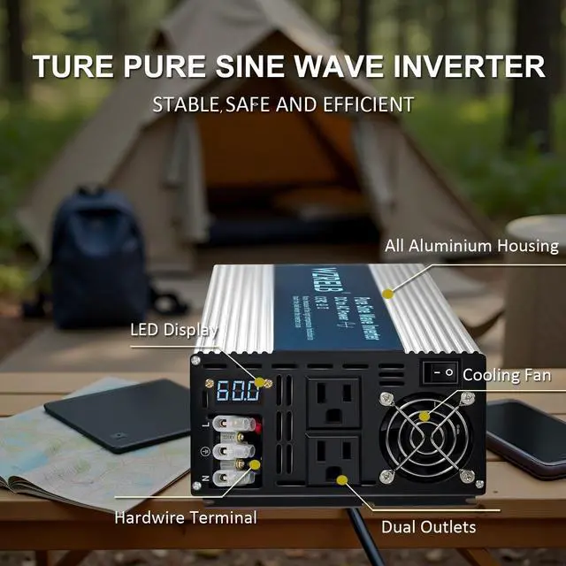 Alt view image 4 of 5 - WZRELB 4000W Pure Sine Wave Inverter, Car Power Inverter 60V DC to 110V 120V AC Converter for RV, Truck, Solar, Outdoor with Dual AC Outlets, Hardwire Port, Surge 8000W, LED Display,Off-Grid