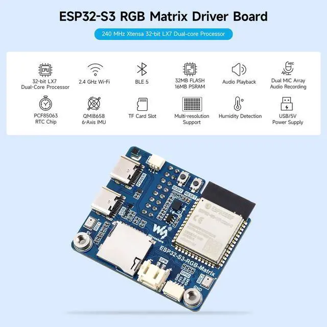 Alt view image 3 of 5 - KLAYERS ESP32-S3 RGB Matrix Driver Board with Dual Microphones Array, W-F & BT 5, AI Voice Support