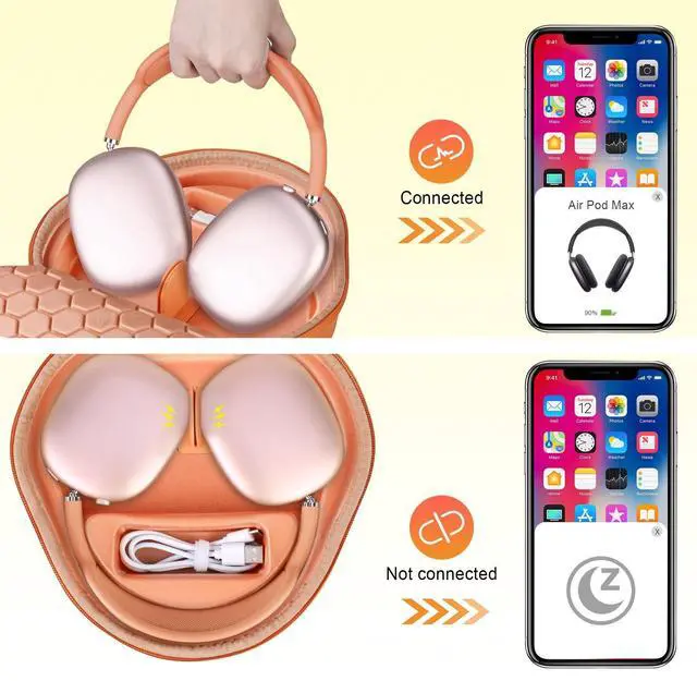 Alt view image 2 of 5 - BOVKE Hard Carrying Case with Sleep Mode for Apple AirPods Max 2 Wireless Over-Ear Headphones, AirPods Max Protective Portable Storage Bag with Mesh Pocket for Charging Cables Accessories, Oran