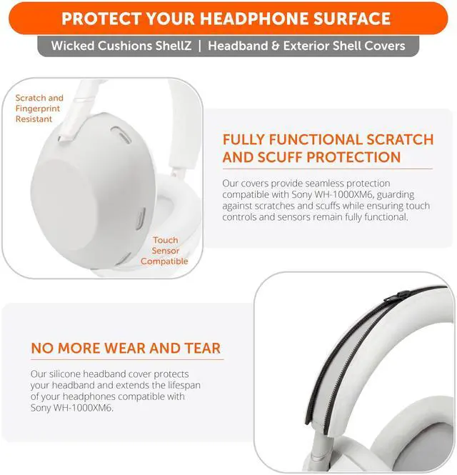 Alt view image 5 of 5 - WC ShellZ XM6 Protective Silicone Shell & Headband Covers Compatible with Sony WH-1000XM6 Headphones by Wicked Cushions ^^ Premium Silicone ^^ Platinum Silver