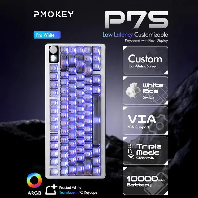 Alt view image 2 of 5 - KEEBMONKEY PMOKEY P75 75% Wireless Mechanical Keyboard, Tri-Mode RGB Gaming Keyboard with Dot-Matrix Display, Aluminum Alloy Body, Volume Knob, Up to 10000mAh Battery (Pro White)