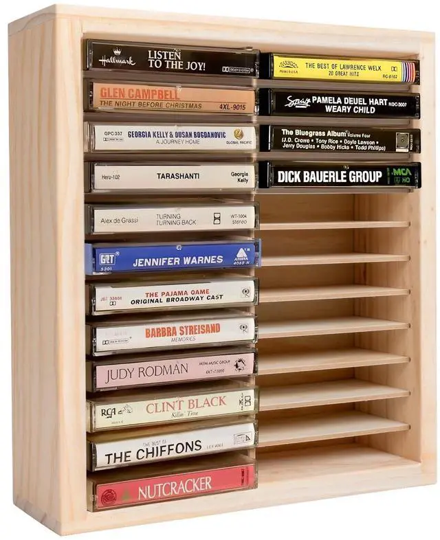 Main image of Waratah Designs Cassette Tape Storage Rack, 24-slot Wood Cassette Tape Holder, Wall Mount or Freestanding Audio Cassette Organizer, Playing Card Storage, Unfinished Pine