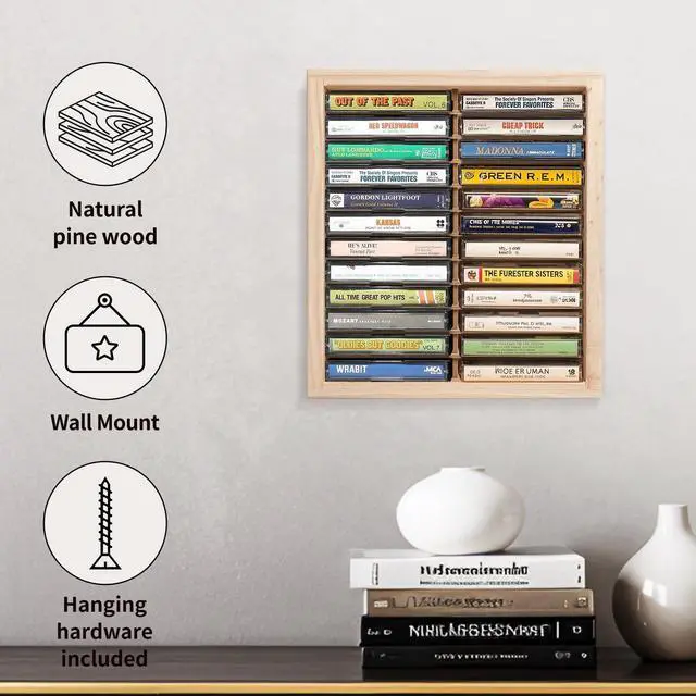Alt view image 2 of 5 - Waratah Designs Cassette Tape Storage Rack, 24-slot Wood Cassette Tape Holder, Wall Mount or Freestanding Audio Cassette Organizer, Playing Card Storage, Unfinished Pine