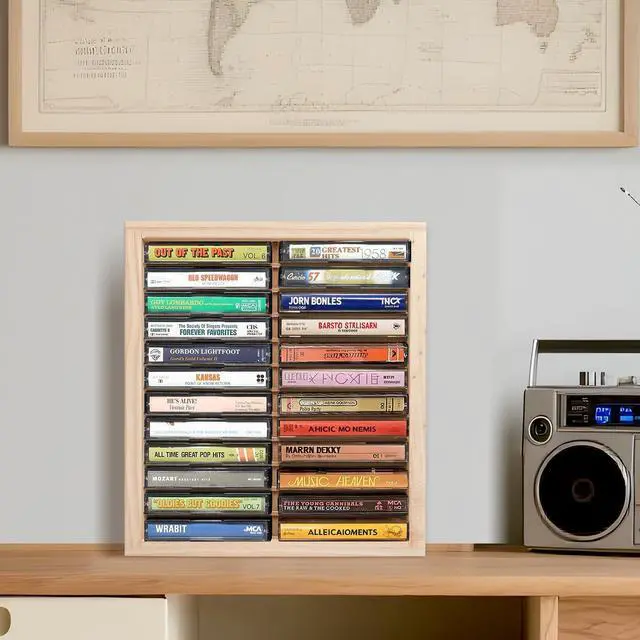 Alt view image 3 of 5 - Waratah Designs Cassette Tape Storage Rack, 24-slot Wood Cassette Tape Holder, Wall Mount or Freestanding Audio Cassette Organizer, Playing Card Storage, Unfinished Pine