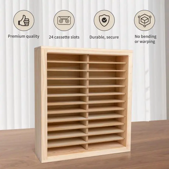Alt view image 4 of 5 - Waratah Designs Cassette Tape Storage Rack, 24-slot Wood Cassette Tape Holder, Wall Mount or Freestanding Audio Cassette Organizer, Playing Card Storage, Unfinished Pine