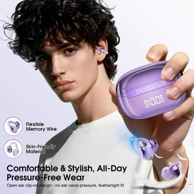 Alt view image 2 of 5 - DUCOCUB Open Ear Earbuds Wireless Clip on Headphones Bluetooth 5.4 Ear Buds with DNN Noise Cancelling, 48H Playtime, Low Latency, Fashion Design, Secure Fit, Clear Sound for Music & Calls (Purp