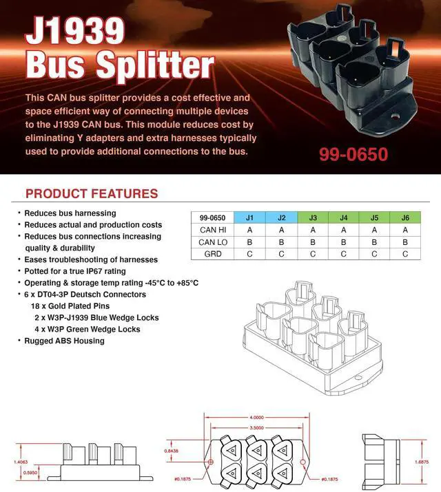 Alt view image 2 of 2 - J1939 Six Place CAN Bus Splitter With Gold Pins (99-0650)