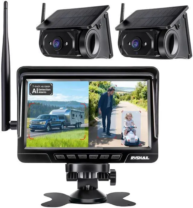 Main image of RVSNAIL Magnetic Solar Wireless Backup Camera with 7" 1080P Monitor, 2 Backup Cam-Kit, Alarm Function, Night Vision,Easy Install, Trailer Back up Camera Systems for RV Truck Camper SUV