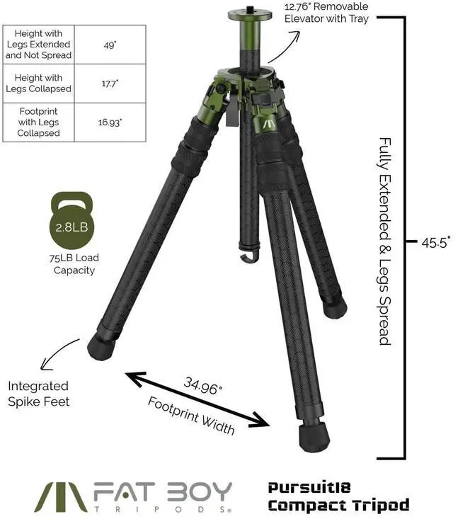 Alt view image 5 of 5 - FatBoy Tripods Pursuit18 - Carbon Fiber and Aluminum Tripod with Durable Frame, Lightweight, Stable Design, Bubble Level, Adjustable Legs, and Hands-Free Operation for Hunting, Shooting, Outdoors