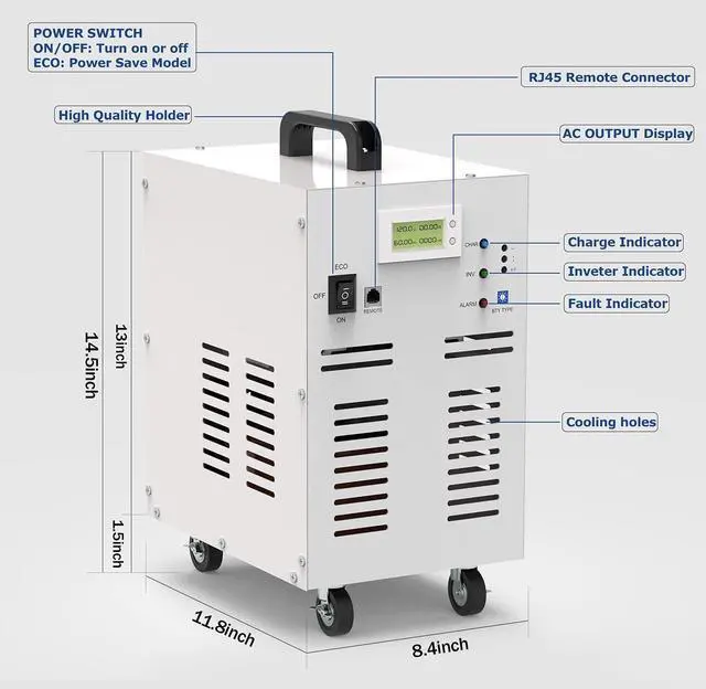 Alt view image 4 of 5 - Solinba 3KW(Peak 9KW) Pure Sine Wave Off Grid Power Inverter 80A Battery Charge Function DC12v to AC110v Converter Generator 60Hz+DC+AC LCD Display