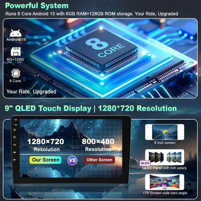 Alt view image 3 of 5 - 8 Core 6GB+128GB Car Radio for Toyota Tacoma 2005-2015,9 Inch QLED Touch Screen Car Stereo with Carplay&Android Auto,WiFi,GPS Navigation,Bluetooth5.0,FM&AM Radio,Android 15