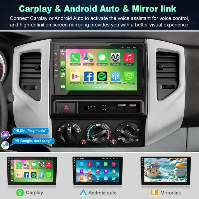 Alt view image 4 of 5 - 8 Core 6GB+128GB Car Radio for Toyota Tacoma 2005-2015,9 Inch QLED Touch Screen Car Stereo with Carplay&Android Auto,WiFi,GPS Navigation,Bluetooth5.0,FM&AM Radio,Android 15