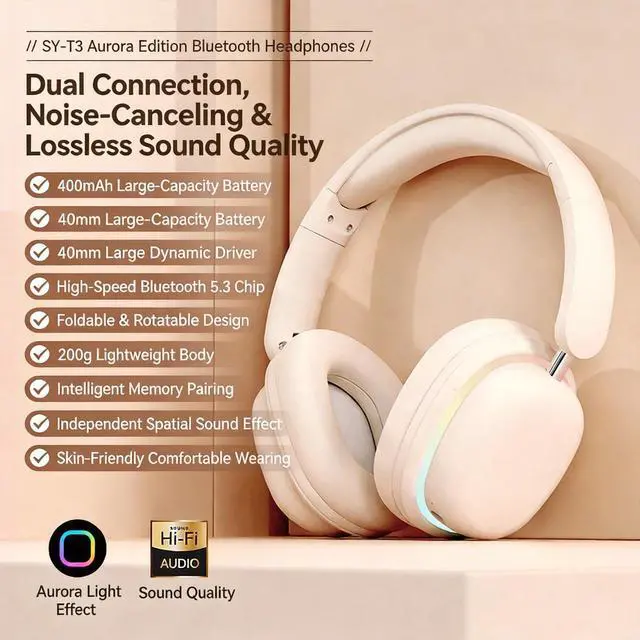 Alt view image 2 of 5 - SvyiLink Wireless Over-Ear Headphones, Ultra-Long Battery Life, Hi-Fi Stereo, Built-in Mic, Foldable Lightweight, for Phone/PC/Tablet, Home Office/Travel/Study-SY-T3 White.