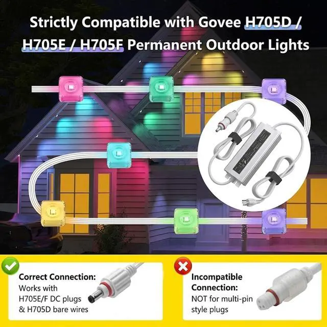 Alt view image 2 of 5 - 36V Waterproof Power Adapter for Govee Permanent Outdoor Lights - Compatible with H705D, H705E, H705F, H706A, H706B, H706C Models (White) Reliable Replacement Charging Cable