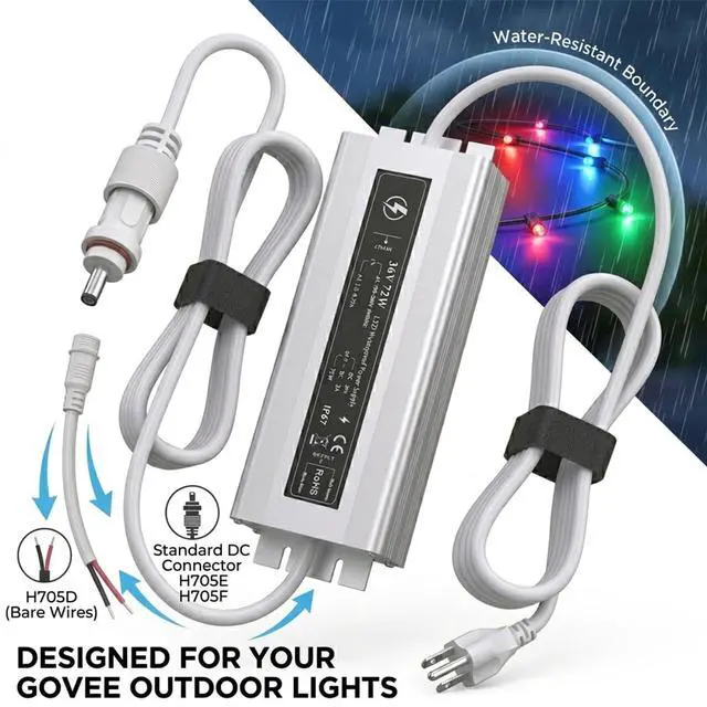 Alt view image 4 of 5 - 36V Waterproof Power Adapter for Govee Permanent Outdoor Lights - Compatible with H705D, H705E, H705F, H706A, H706B, H706C Models (White) Reliable Replacement Charging Cable