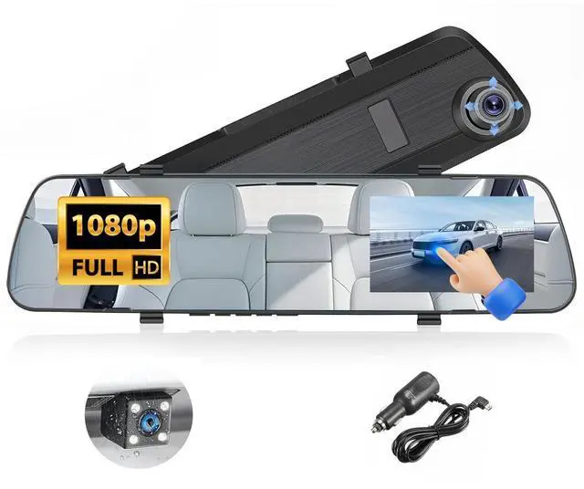 Main image of Realdio 1080P Dual Lens Rear View Mirror Camera, 4 Inch Touchscreen Mirror Dash Cam Front and Rear, Exposure Adjustment/Loop Recording/Motion Detection/Parking Assistance + Backup Camera