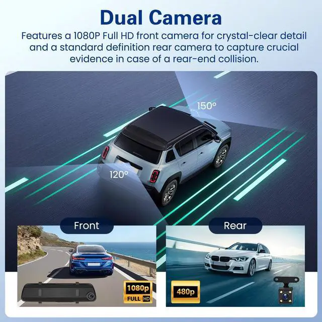 Alt view image 2 of 5 - Realdio 1080P Dual Lens Rear View Mirror Camera, 4 Inch Touchscreen Mirror Dash Cam Front and Rear, Exposure Adjustment/Loop Recording/Motion Detection/Parking Assistance + Backup Camera