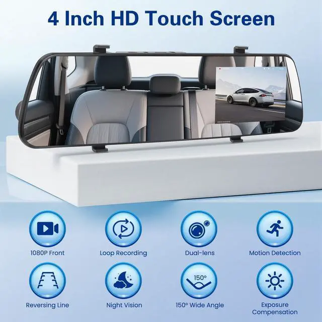 Alt view image 3 of 5 - Realdio 1080P Dual Lens Rear View Mirror Camera, 4 Inch Touchscreen Mirror Dash Cam Front and Rear, Exposure Adjustment/Loop Recording/Motion Detection/Parking Assistance + Backup Camera