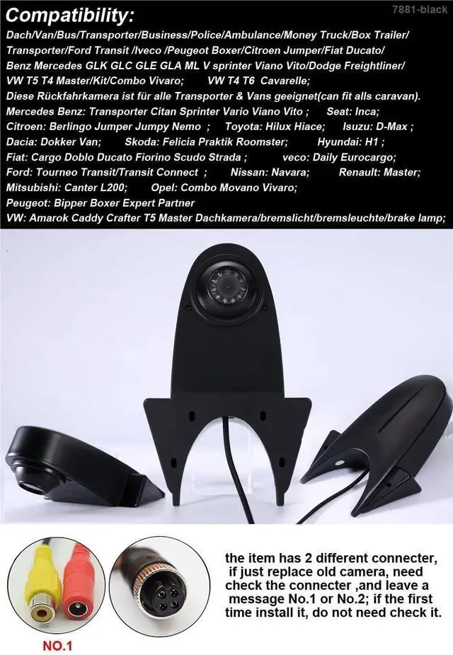 Alt view image 2 of 5 - Universal Camera Car Top Mount Rear View Reverse Parking Camera,Replacement for Citroen Berlingo Jumper Jumpy Nemo Dacia Dokker Van Navara HD All RV Models(Black Camera with 7 inch Rear View Mirror)