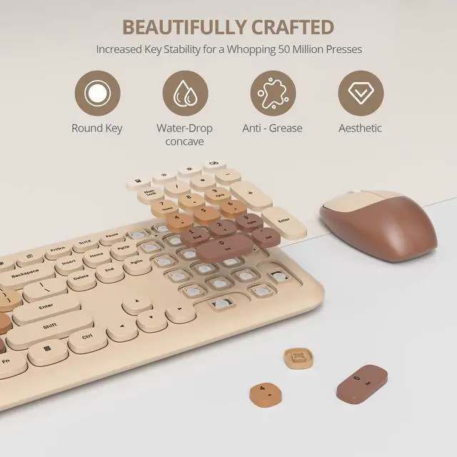 Alt view image 3 of 5 - surmen Brown Quiet Keyboard and Mouse Wireless, Full-Size Retro Typewriter Wireless Cute Colorful Keyboard with Low-Noise 2.4GHz for Home and OfficeCoffee