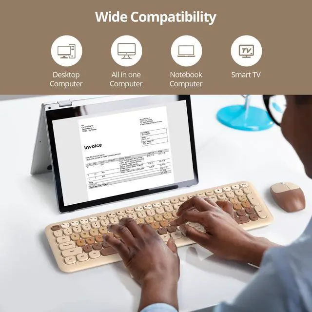 Alt view image 5 of 5 - surmen Brown Quiet Keyboard and Mouse Wireless, Full-Size Retro Typewriter Wireless Cute Colorful Keyboard with Low-Noise 2.4GHz for Home and OfficeCoffee