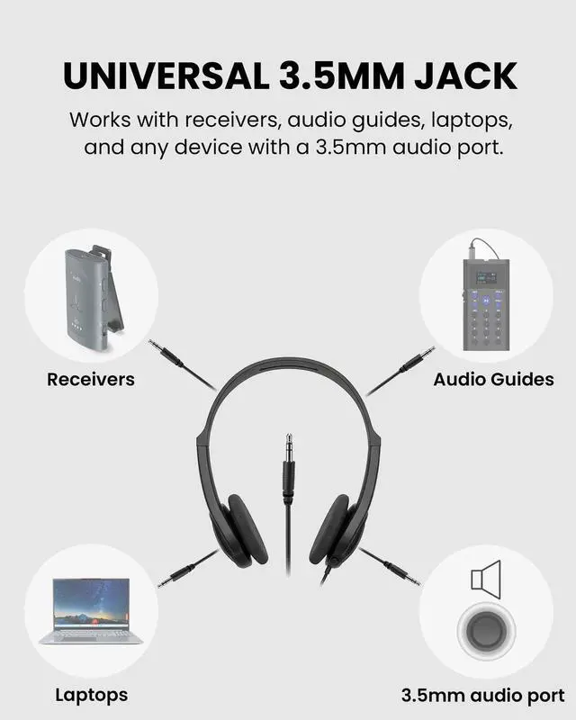 Alt view image 3 of 5 - Venucast HF11 Pack of 3 Wired On-Ear Headphones with 3.5mm Jack, Includes Replaceable Ear Cushions for Hygienic Public Use, Ideal for Church, School & Events