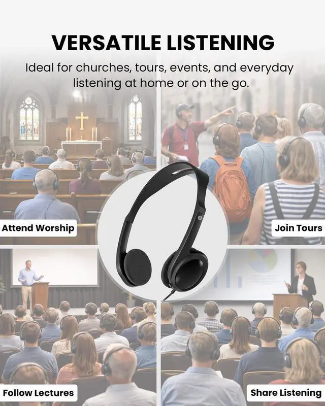 Alt view image 2 of 5 - Venucast HF11 Pack of 3 Wired On-Ear Headphones with 3.5mm Jack, Includes Replaceable Ear Cushions for Hygienic Public Use, Ideal for Church, School & Events
