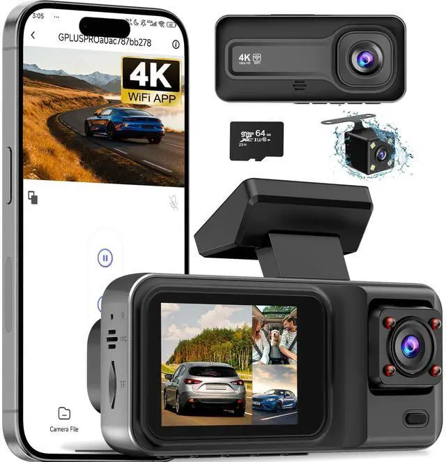 Main image of 3 Channel 4K Dash Cam with 5GHz WiFi & APP Control, 4K+1080P+1440P Dash Cam Front and Rear Inside with 64GB Card, Dash Camera for Cars with Night Vision, Loop Recording, 24H Parking Mode, G-Sensor