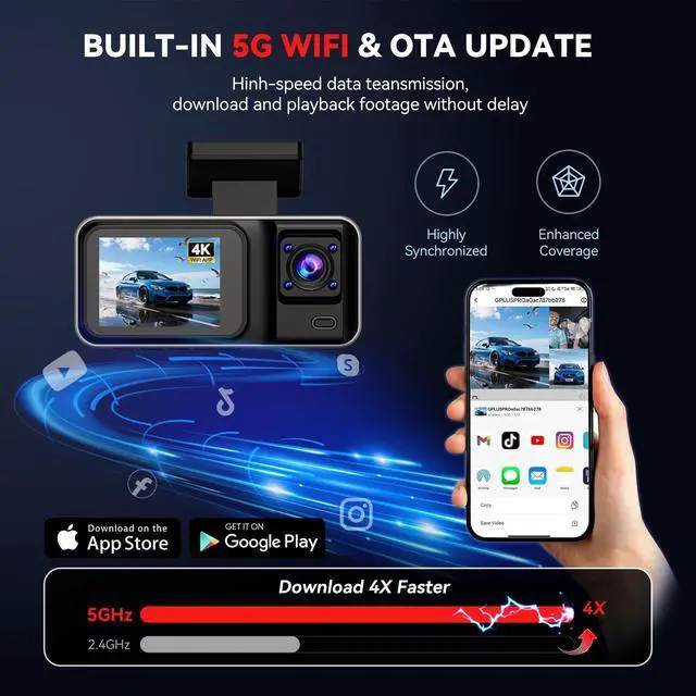Alt view image 3 of 5 - 3 Channel 4K Dash Cam with 5GHz WiFi & APP Control, 4K+1080P+1440P Dash Cam Front and Rear Inside with 64GB Card, Dash Camera for Cars with Night Vision, Loop Recording, 24H Parking Mode, G-Sensor