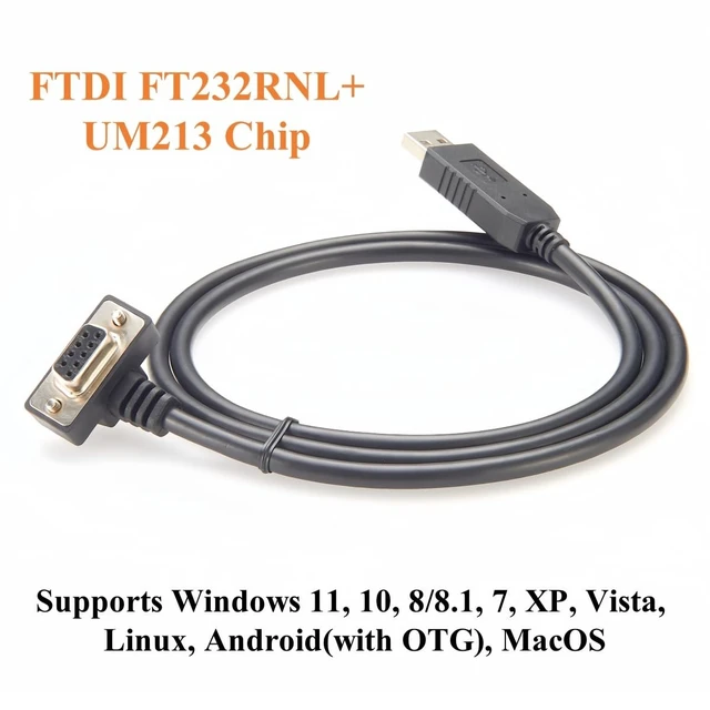 Alt view image 3 of 5 - Up/Down Angle USB 2.0 to RS232 Serial Converter Cable Low Profile with FTDI FT232RNL Chip Slim USB Type A Male to RS232 DB9 Female COM Port Cable for Windows XP/7/8/10/11/Vista (4Pin Up, 1M/3.28FT)