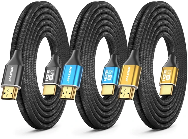 Main image of Maximm HDMI 2.1 Cable 8K 8 Ft, Multicolor, 3-Pack, 48 Gbps, Braided, eARC, HDR
