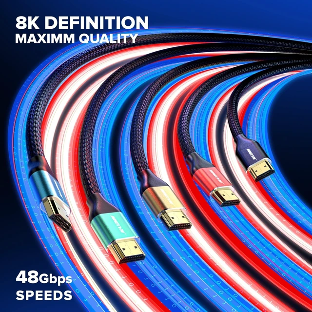 Alt view image 2 of 5 - Maximm HDMI 2.1 Cable 8K 8 Ft, Multicolor, 3-Pack, 48 Gbps, Braided, eARC, HDR