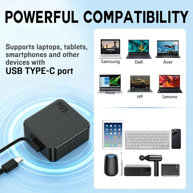 Alt view image 3 of 5 - Varbmt 65W USB C Laptop Charger for Lenovo ThinkPad X1 X13 T14 T15 E14 E15 T480s T490 E480 Yoga 7i 9i Thinkbook 13s 14 15 16 Plus G4 Type-C Laptop Power Adapter