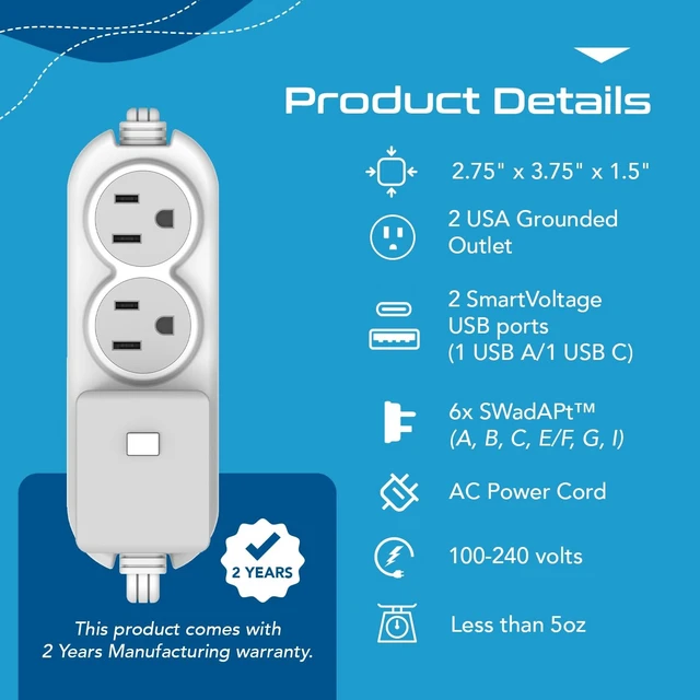 Alt view image 5 of 5 - Ceptics Travel Power Strip W/ Adapter Plug Set - Equipped with USB, Type C for iPhone, Chargers, Cell Phones, Laptop - Plugs for Europe, Asia, China, USA, Africa, South America PS-2U