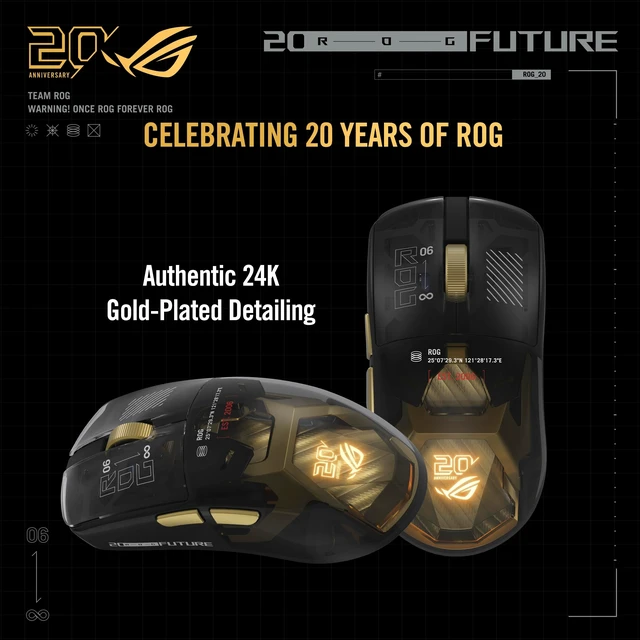 Alt view image 2 of 5 - ASUS ROG 20th Edition Harpe II Extreme Wireless Esports Gaming Mouse 82g Lightweight, Tri-Mode Connectivity, 65K DPI, 8K Hz Polling, 24K Gold-Plated, Web Config Gold/Black