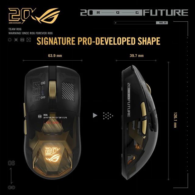 Alt view image 3 of 5 - ASUS ROG 20th Edition Harpe II Extreme Wireless Esports Gaming Mouse 82g Lightweight, Tri-Mode Connectivity, 65K DPI, 8K Hz Polling, 24K Gold-Plated, Web Config Gold/Black
