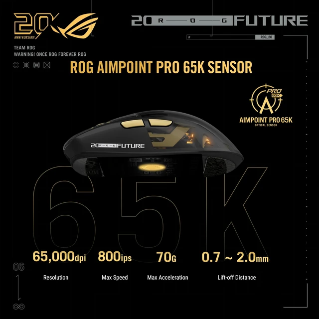 Alt view image 4 of 5 - ASUS ROG 20th Edition Harpe II Extreme Wireless Esports Gaming Mouse 82g Lightweight, Tri-Mode Connectivity, 65K DPI, 8K Hz Polling, 24K Gold-Plated, Web Config Gold/Black