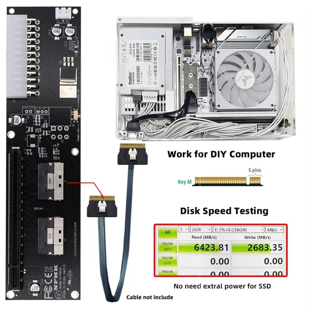 Alt view image 2 of 5 - Xiwai Dual Slimline SFF-8654 8X 74Pin VROC to PCIE 16x with ATX 24Pin Power