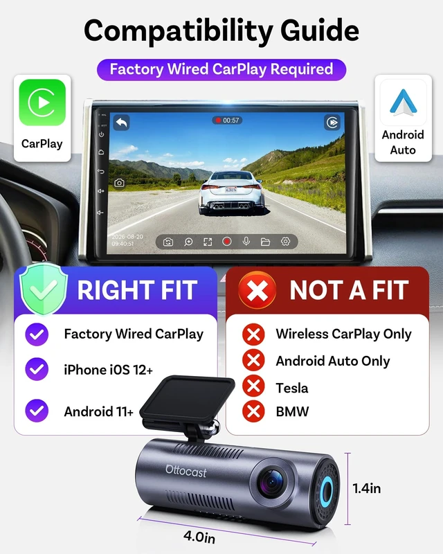 Alt view image 3 of 5 - OTTOCAST OttoSafe Dash Cam Front and Rear with Wireless CarPlay Adapter