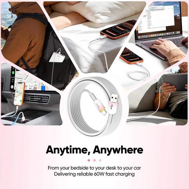 Alt view image 5 of 5 - 15 FT 5-Pack Super Long USB C Cable, 60W Fast Charging & 480Mbps Data