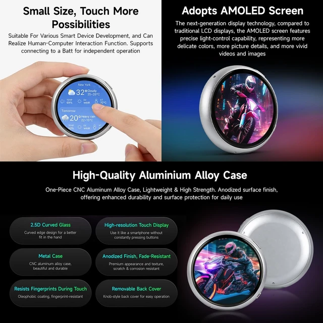 Alt view image 5 of 5 - KLAYERS ESP32-S3 Development Board with 1.75C Touch AMOLED Display,466 466 Resolution, Aluminum Alloy Case, Onboard Dual Microphones Array,NO BAT